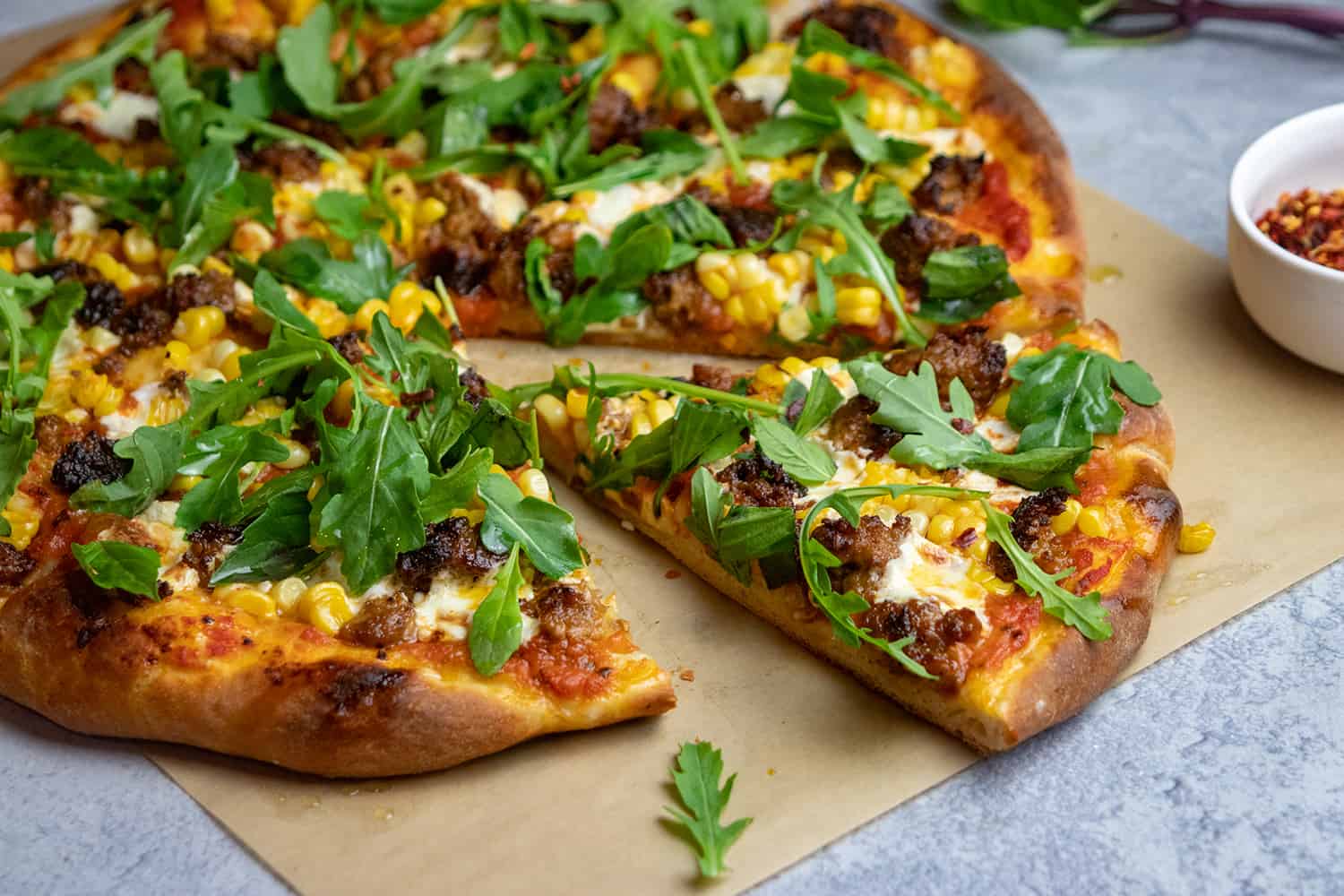 Summer Corn And Spicy Sausage Pizza